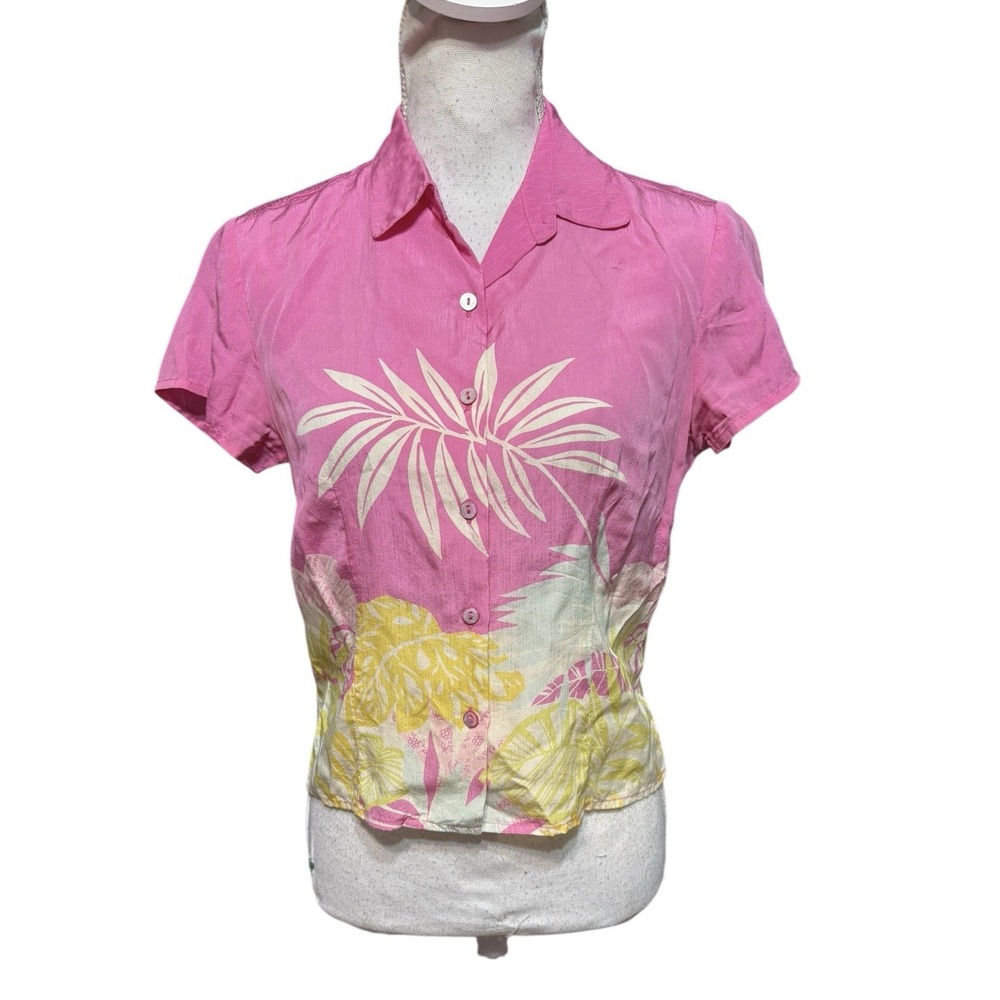 Vtg Tori Richard Silk Floral Palm Pink Hawaiian Button Shirt Women's Sz 4